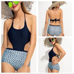 CUPSHE Mermaid Scale Cutout One-Piece Swimsuit Navy Blue Women’s Small